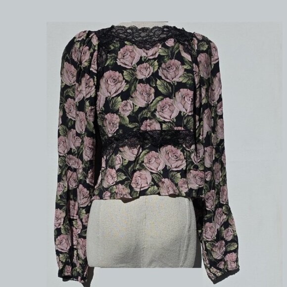 NWT FOR LOVE AND LEMONS CLARISSE LONG SLEEVE V-NECK ROSE PRINT BLOUSE SIZE M - Picture 5 of 8